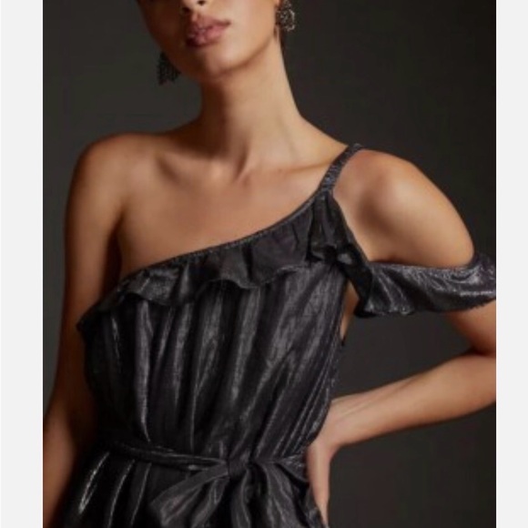 Maeve Metallic Silver Black One Shoulder Tiered Midi Dress Size L Anthropologie - Picture 5 of 8